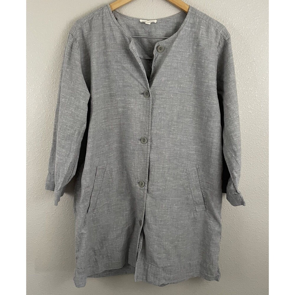 Eileen Fisher Womens L Gray Hemp Cotton Blend 3/4 Sleeve Longline Topper Button